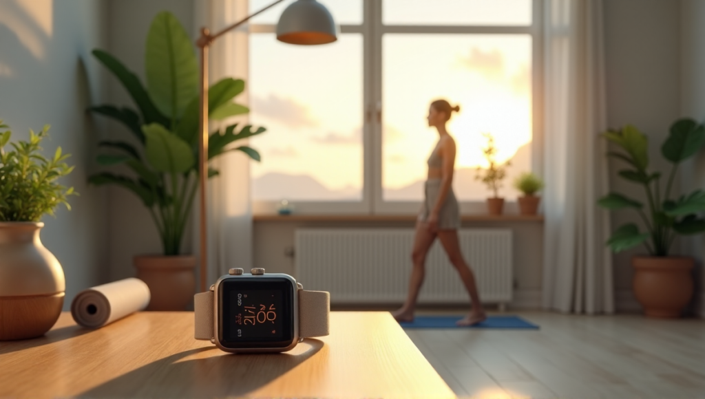 A serene living room with a silver smartwatch on a minimalist desk surrounded by wellness objects, bathed in soft golden hour light.