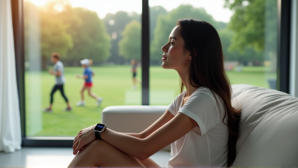 "A woman sits on a minimalist couch, wearing smartwatch and fitness tracker, gazing out at a serene park scene with lush greenery."