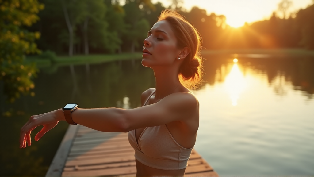 "A serene woman stands barefoot on a wooden dock overlooking a peaceful lake at dawn, wearing a sleek silver smartwatch with a minimalist leather strap."