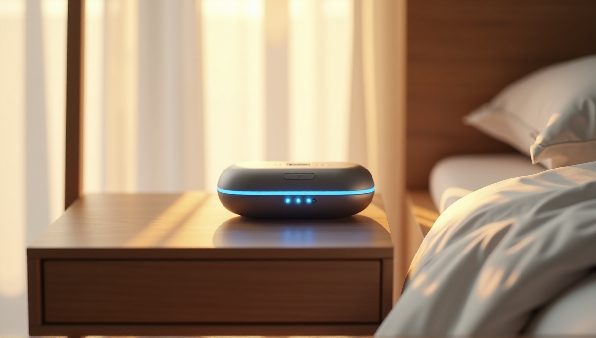 A sleek silver smart sleep gadget with a curved screen and LED strip on a minimalist wooden bedside table in a serene bedroom environment, promoting relaxation and rejuvenation through advanced health monitoring technology, one of the best health monitoring wearables 2025.