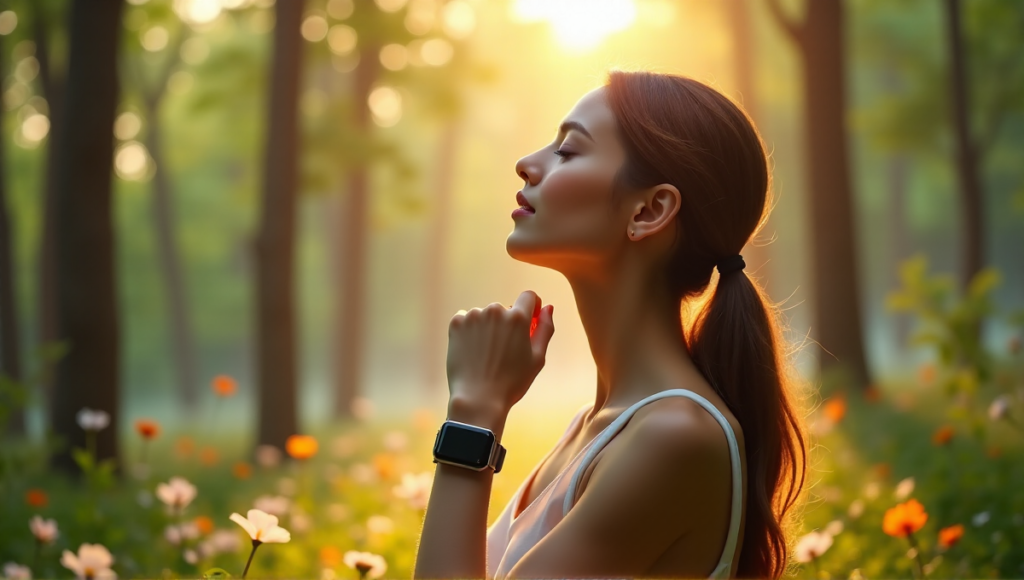 "A serene woman wearing a sleek silver smartwatch with large touchscreen display, surrounded by lush greenery and vibrant flowers in a tranquil forest at dawn."