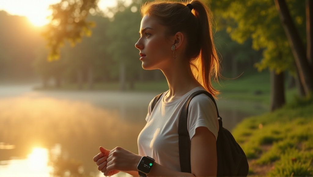 "A young woman walks towards a serene lake at dawn, wearing a sleek smartwatch and minimalist earbuds, surrounded by lush greenery and misty atmosphere."