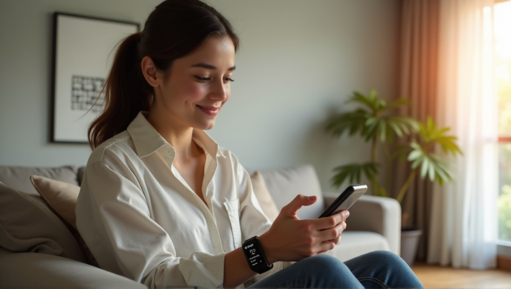 "A young woman checks her phone in a minimalist living room with soft morning light, wearing a sleek smartwatch on her wrist."