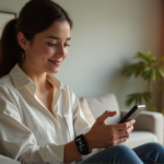 "A young woman checks her phone in a minimalist living room with soft morning light, wearing a sleek smartwatch on her wrist."