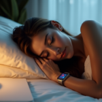 A serene woman lies on a plush bed surrounded by cutting-edge sleep technology devices and wellness wearables in a peaceful bedroom environment with soft natural light filtering through sheer curtains.