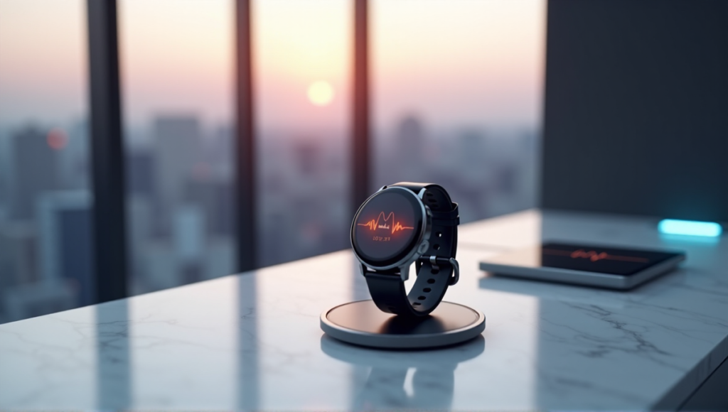 "A sleek silver smartwatch on a white marble surface with high-tech gadgets, symbolizing best wearables comprehensive health tracking in a modern laboratory setting."
