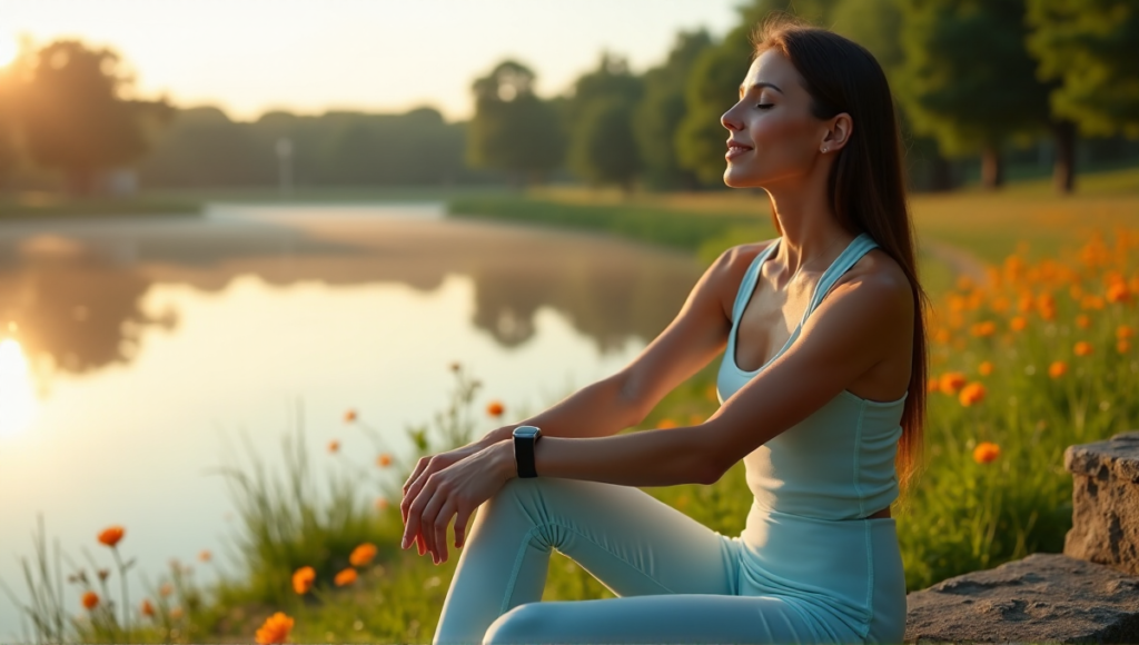 "A serene woman sits on a natural stone bench overlooking a tranquil lake at dawn, wearing a health monitoring wearable device while practicing mindfulness."