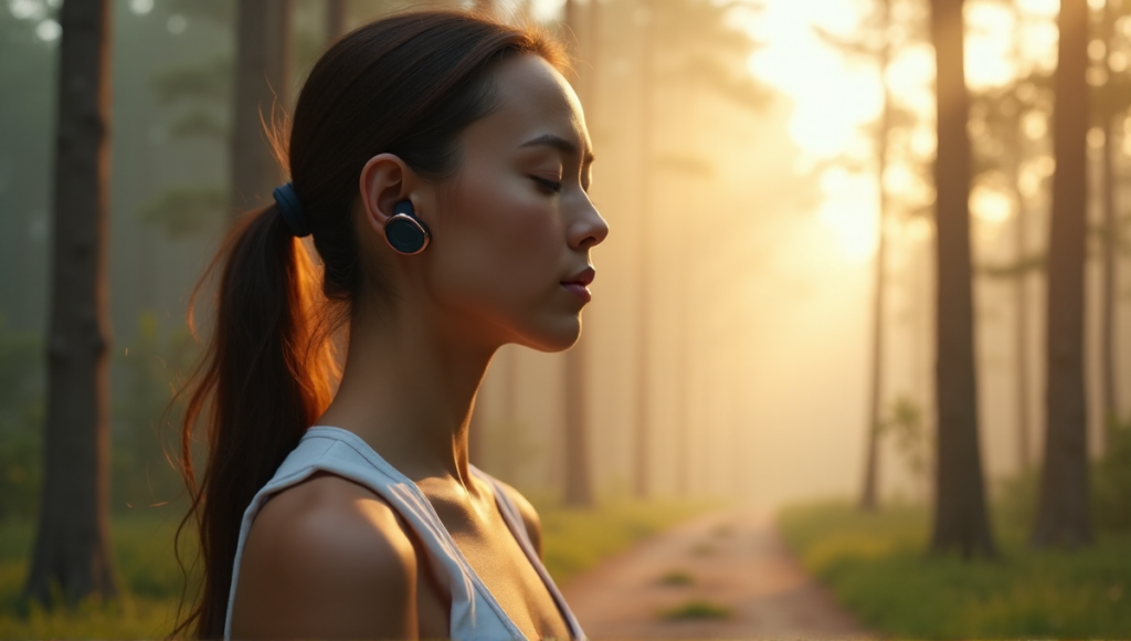 "A serene woman stands in a misty forest at dawn, wearing sleek smartwatch, rose-gold earbuds, and navy-blue fitness tracker, exuding peaceful focus amidst natural surroundings."