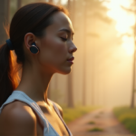 "A serene woman stands in a misty forest at dawn, wearing sleek smartwatch, rose-gold earbuds, and navy-blue fitness tracker, exuding peaceful focus amidst natural surroundings."