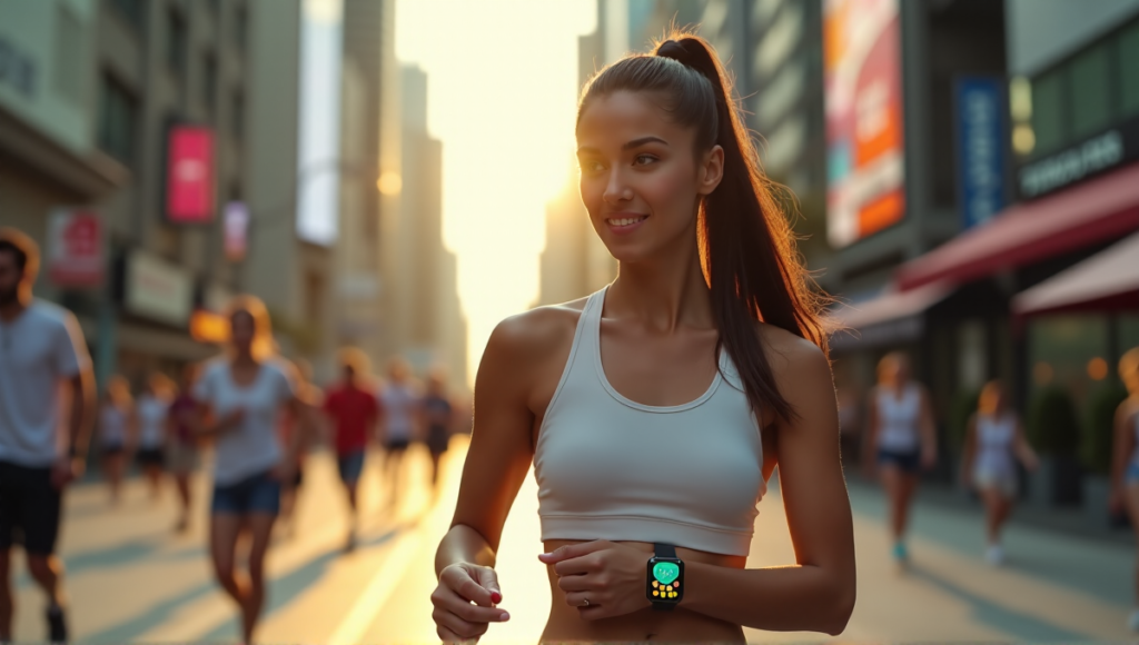 "A young woman walks confidently on a city street at golden hour, wearing a sleek smartwatch displaying health metrics and notifications amidst towering skyscrapers and bustling pedestrians."