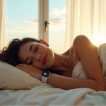 "A serene woman sleeps in a peaceful bedroom with soft pastel hues and warm golden light, wearing a sleek silver smartwatch on her wrist."