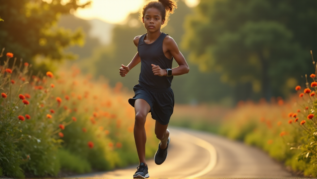"A young athlete wearing a sleek black smartwatch on their left wrist and a silver fitness tracker on their right ankle, sprinting down a winding track surrounded by lush greenery and vibrant wildflowers."