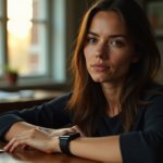 "A young woman sits calmly in a minimalist home office, wearing a sleek black smartwatch on her wrist, with papers and pen nearby, bathed in warm golden hour sunlight."
