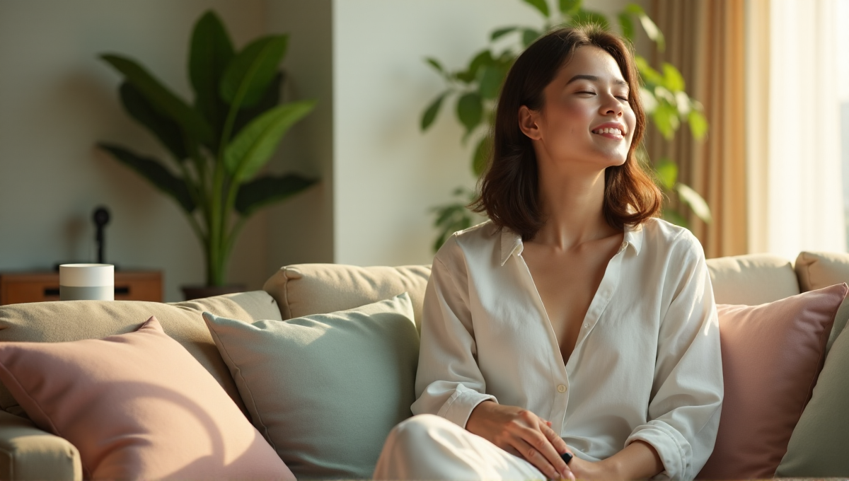 A young woman sits on a plush couch in a serene living room surrounded by lush greenery, smart devices, and soft pastel-colored throw pillows, promoting effortless balance and optimal wellness with best health monitoring wearables 2025.