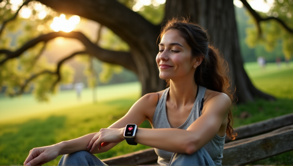 "A young woman sits on a wooden bench beneath an oak tree, wearing a sleek silver smartwatch displaying her heart rate of 72bpm, surrounded by lush greenery in a serene outdoor environment."