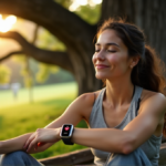 "A young woman sits on a wooden bench beneath an oak tree, wearing a sleek silver smartwatch displaying her heart rate of 72bpm, surrounded by lush greenery in a serene outdoor environment."