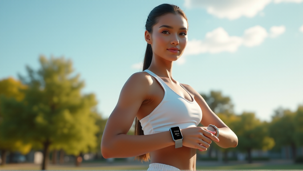 "A young adult wearing a sleek smart health monitoring wearable device on their wrist, showcasing vital signs in a serene outdoor setting."