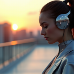 A young woman stands on a rooftop at dusk wearing an innovative wearable tech device that seamlessly integrates style and functionality, showcasing the best health monitoring wearables of 2025.