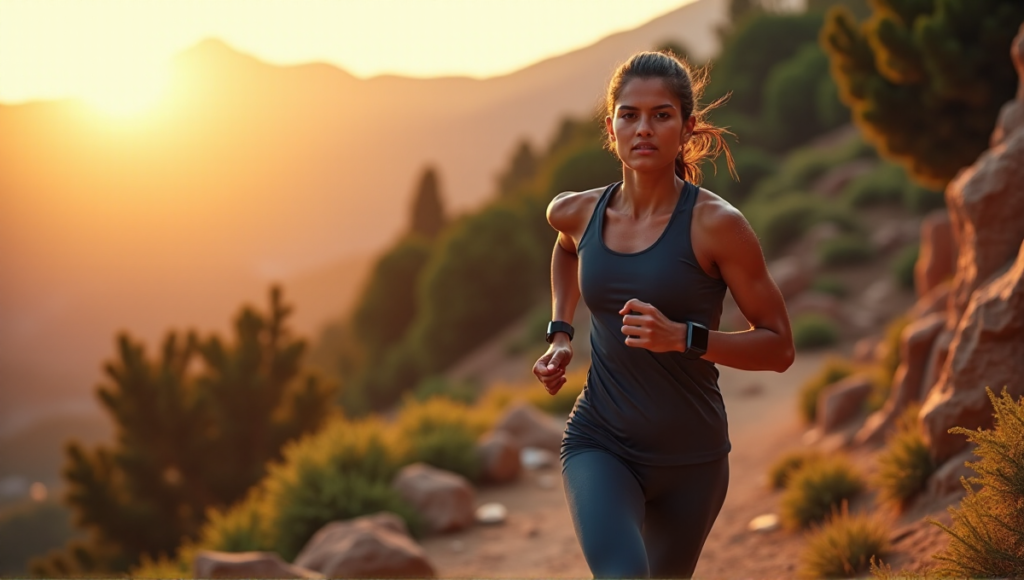 "A person wearing a smartwatch, earbuds, and fitness tracker during an intense outdoor workout on a mountain trail, showcasing best wearables in action."