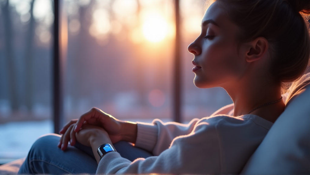 "A person wearing a sleek silver heart rate monitor on their wrist, surrounded by a serene forest landscape at dawn, promoting relaxation and calmness; best health monitoring wearables 2025."