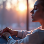 "A person wearing a sleek silver heart rate monitor on their wrist, surrounded by a serene forest landscape at dawn, promoting relaxation and calmness; best health monitoring wearables 2025."