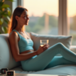 A young woman sits on a minimalist couch, surrounded by health metrics displayed on her fitness tracker and smartwatch, exuding serenity with best health monitoring wearables 2025 technology nearby.