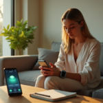 "A young woman relaxes on a modern couch, wearing two smartwatches and gazing at her smartphone displaying a wellness app, surrounded by a peaceful morning atmosphere."