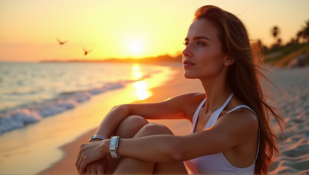 "A serene young woman sits on a beach at sunset, wearing sleek silver smartwatch and high-tech fitness trackers with softly pulsing LED lights, exuding inner peace amidst nature's tranquility."