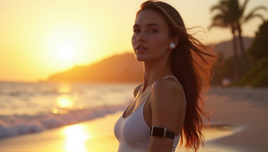 "A young woman stands on a serene beach at sunset, wearing sleek smartwatch, earbuds, and fitness tracker, exuding balance and wellness."