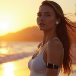 "A young woman stands on a serene beach at sunset, wearing sleek smartwatch, earbuds, and fitness tracker, exuding balance and wellness."