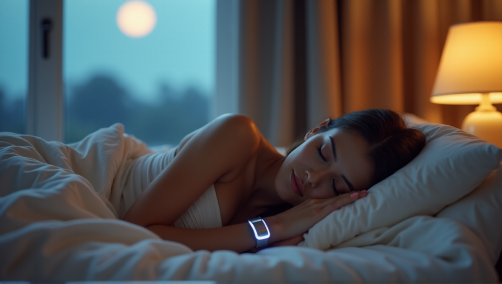 "A serene woman lies in a plush bed surrounded by pastel hues of a moonlit night sky, wearing a sleek silver sleep wellness wearable device with a soft blue glow."