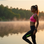 "A young woman stands confidently at a serene lake's edge during golden hour, wearing a sleek black and neon green fitness tracker, conveying determination and focus."