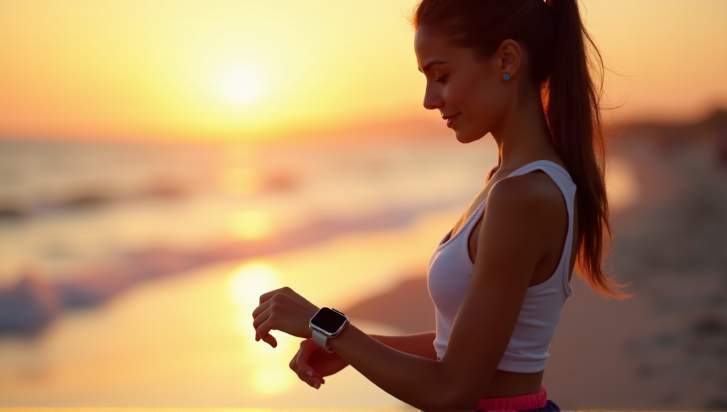 "A young woman wearing a sleek silver smartwatch on her wrist walks towards the camera along a serene beach at sunset, showcasing top fashionable wearables 2025 in everyday convenience."
