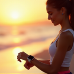 "A young woman wearing a sleek silver smartwatch on her wrist walks towards the camera along a serene beach at sunset, showcasing top fashionable wearables 2025 in everyday convenience."