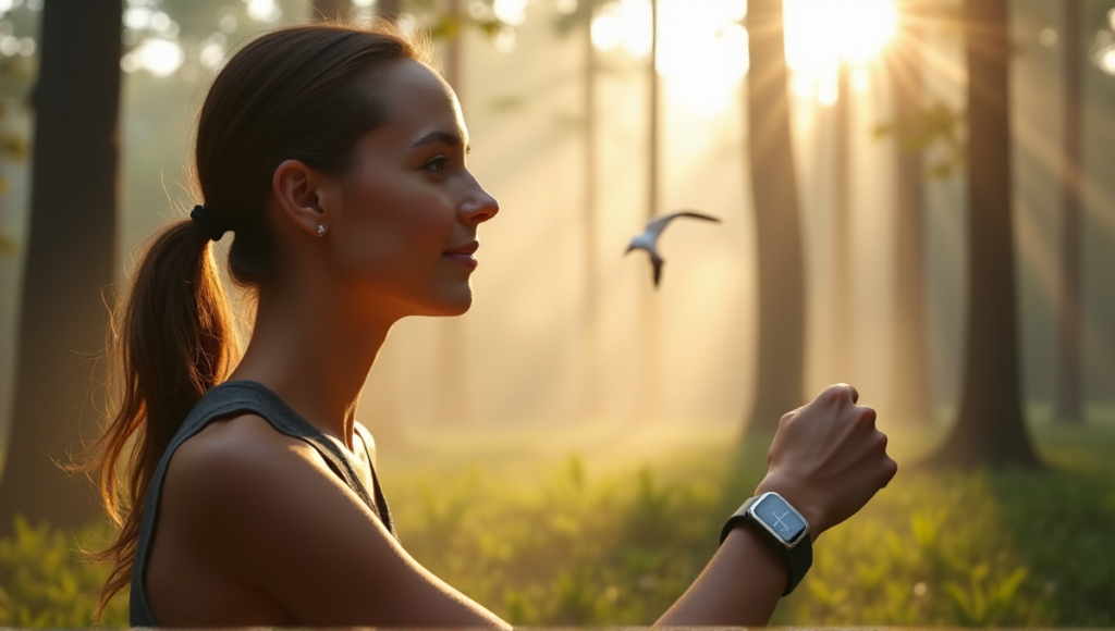 "A young woman wearing a sleek smart wearable device on her wrist, surrounded by a serene misty forest with tall trees and lush greenery, promoting balance and wellness for best wearables sports fitness goals."