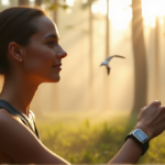 "A young woman wearing a sleek smart wearable device on her wrist, surrounded by a serene misty forest with tall trees and lush greenery, promoting balance and wellness for best wearables sports fitness goals."