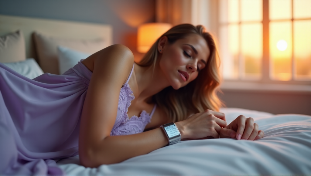 A woman lies comfortably on her side in a serene bedroom setting, wearing a sleek sleep wellness wearable device with soft blue LED lights, surrounded by warm golden hour light and soothing colors.