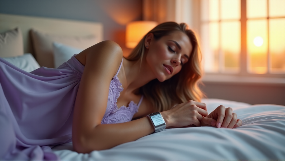 A woman lies comfortably on her side in a serene bedroom setting, wearing a sleek sleep wellness wearable device with soft blue LED lights, surrounded by warm golden hour light and soothing colors.