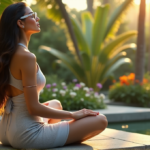 "A serene woman sits on a natural stone bench in a lush garden wearing a silver jumpsuit with circuitry patterns, minimalist smart glasses, and a rose-gold fitness tracker, embodying best wearable technology 2025 harmony."