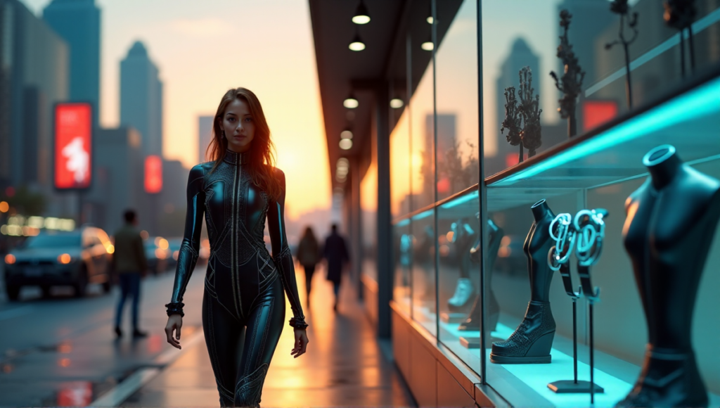 "A young woman in a futuristic black jumpsuit confidently walks towards the camera on a city street at sunset, surrounded by high-tech fashion wearables and neon-lit billboards."