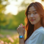 A young woman wearing a sleek silver health monitoring wearable device outdoors amidst lush greenery and blooming flowers, reflecting her vital signs in gentle blues and calming greens.