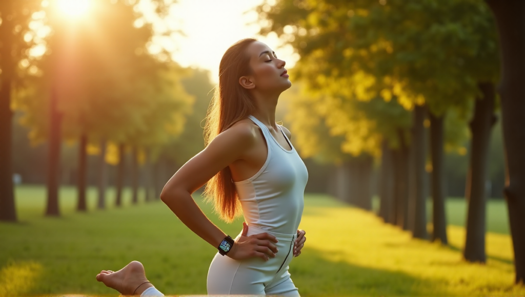 "A serene woman balances on one leg, wearing a smartwatch and fitness tracker in harmony with nature, achieving balance through wearable technology."