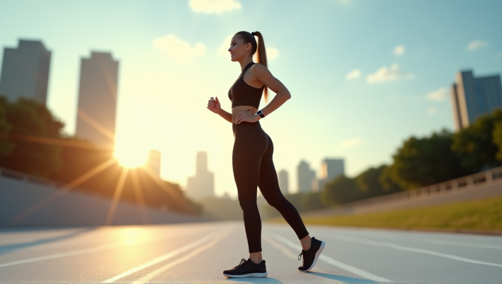 "A young woman wearing sleek black high-tech sports wearables stands confidently on a white running track at sunrise, exuding determination and focus."