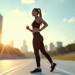 "A young woman wearing sleek black high-tech sports wearables stands confidently on a white running track at sunrise, exuding determination and focus."