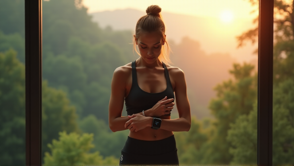 "A young woman confidently stands in front of a misty forest backdrop, wearing sleek smartwatch, earbuds, and rose-gold fitness tracker, exuding calm determination."