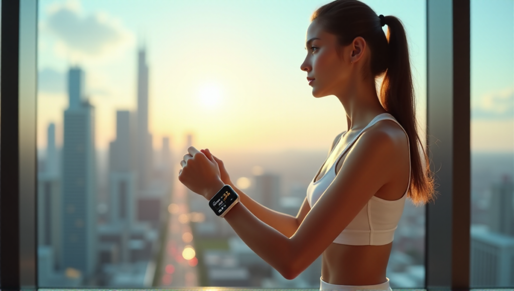 "A young woman wearing a sleek silver Pulse smartwatch, standing in front of a cityscape with a determined expression, highlighting her toned physique and sense of accomplishment towards achieving best wearables sports fitness goals."
