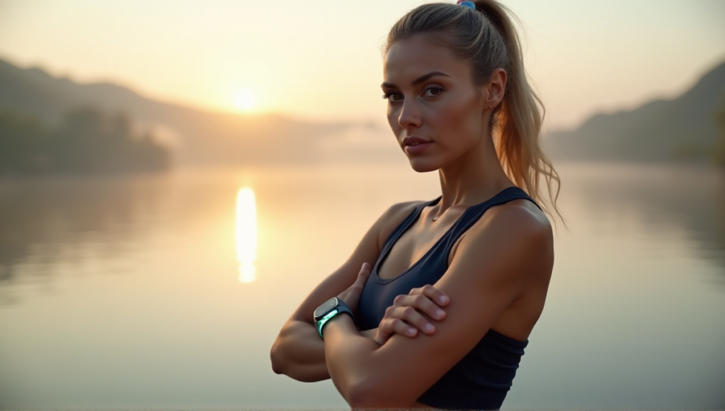 "A young woman stands confidently at a misty lake shore wearing Pulse's sleek wearable device with LED lights, showcasing her fitness routine and best health monitoring wearables 2025."