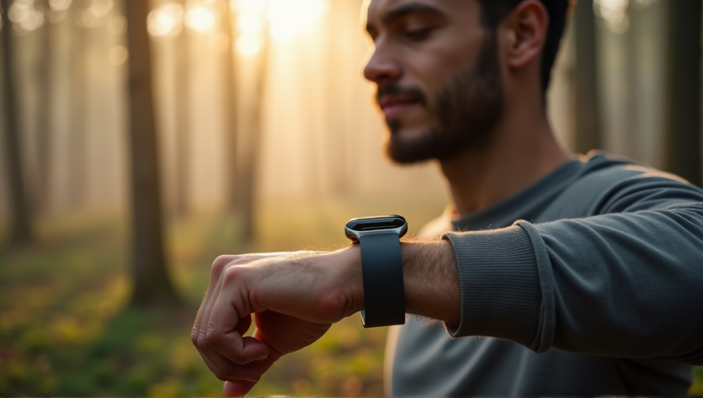 "A person wearing a sleek silver and dark grey health monitoring wearable with high-resolution touchscreen display, set against a serene misty morning forest background."
