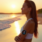 "A young woman stands confidently on a serene beach at sunset, wearing sleek smartwatch and high-tech fitness tracker, embracing best health monitoring wearables 2025."