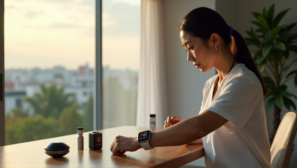 "A young woman wearing a sleek silver smartwatch with various health monitoring gadgets on a minimalist desk in a modern living room, achieving best wearables sports fitness goals."